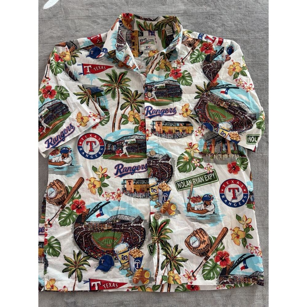 Reyn Spooner Texas Rangers MLB Baseball Hawaiian Aloha short-sleeve shirt sz M